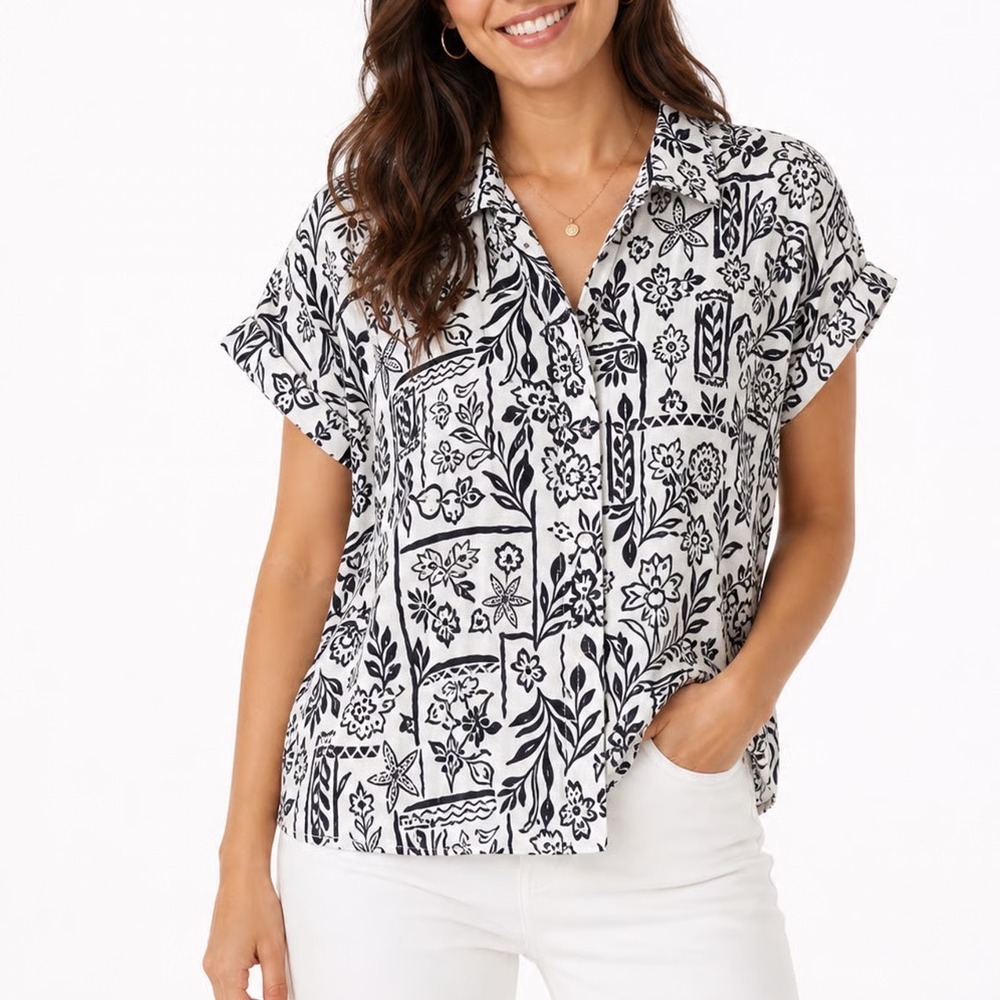 Sara Michelle Navy White Abstract Tropical Print Button Up Blouse Womens Medium